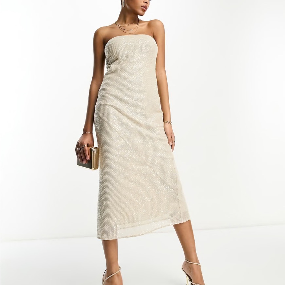 ASOS DESIGN embellished bandeau midi dress in allover sequin in stone